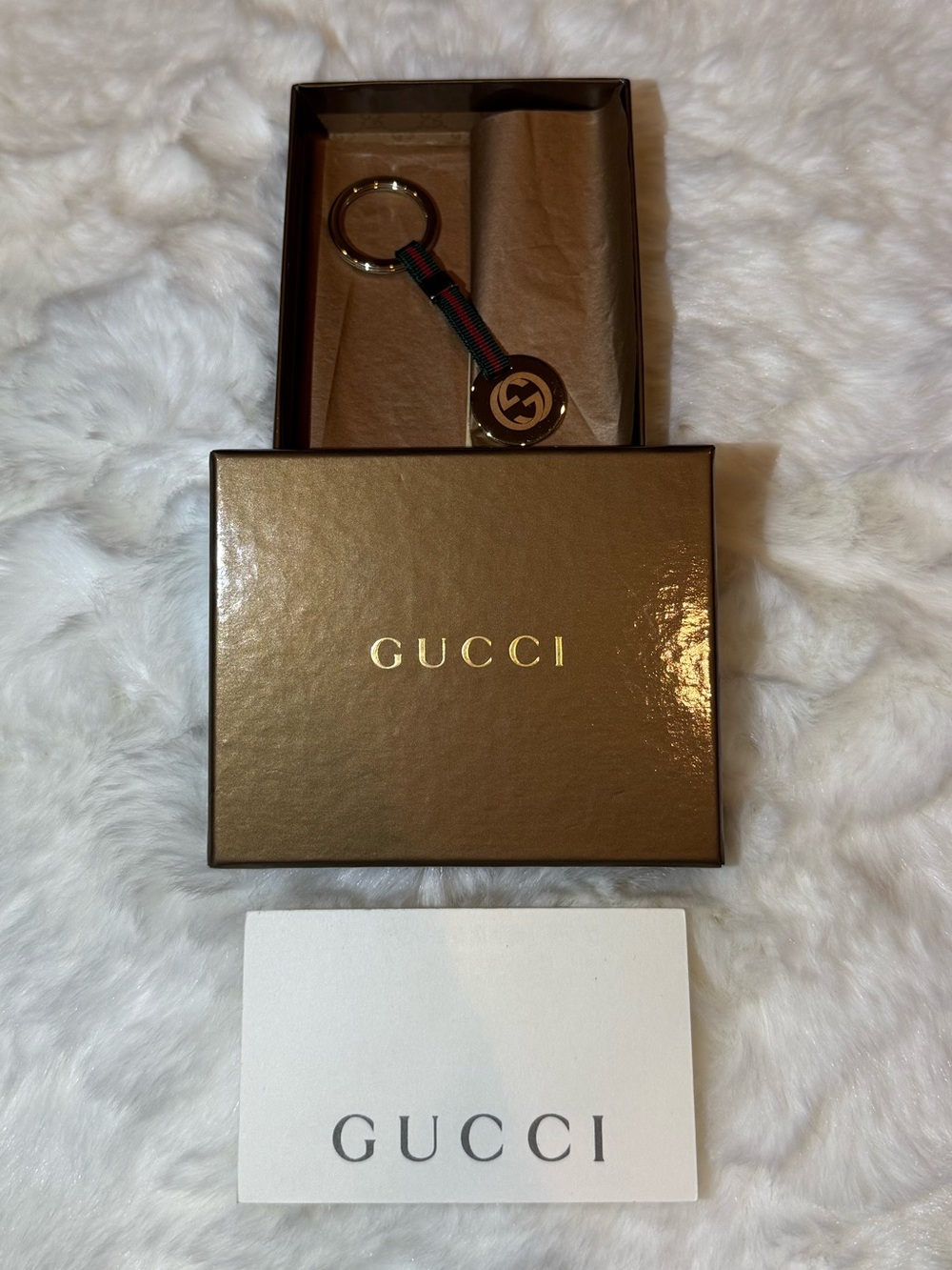 Gucci Red and Green Web Stripe Gold-Tone Logo Keyring - Picture 2 of 9